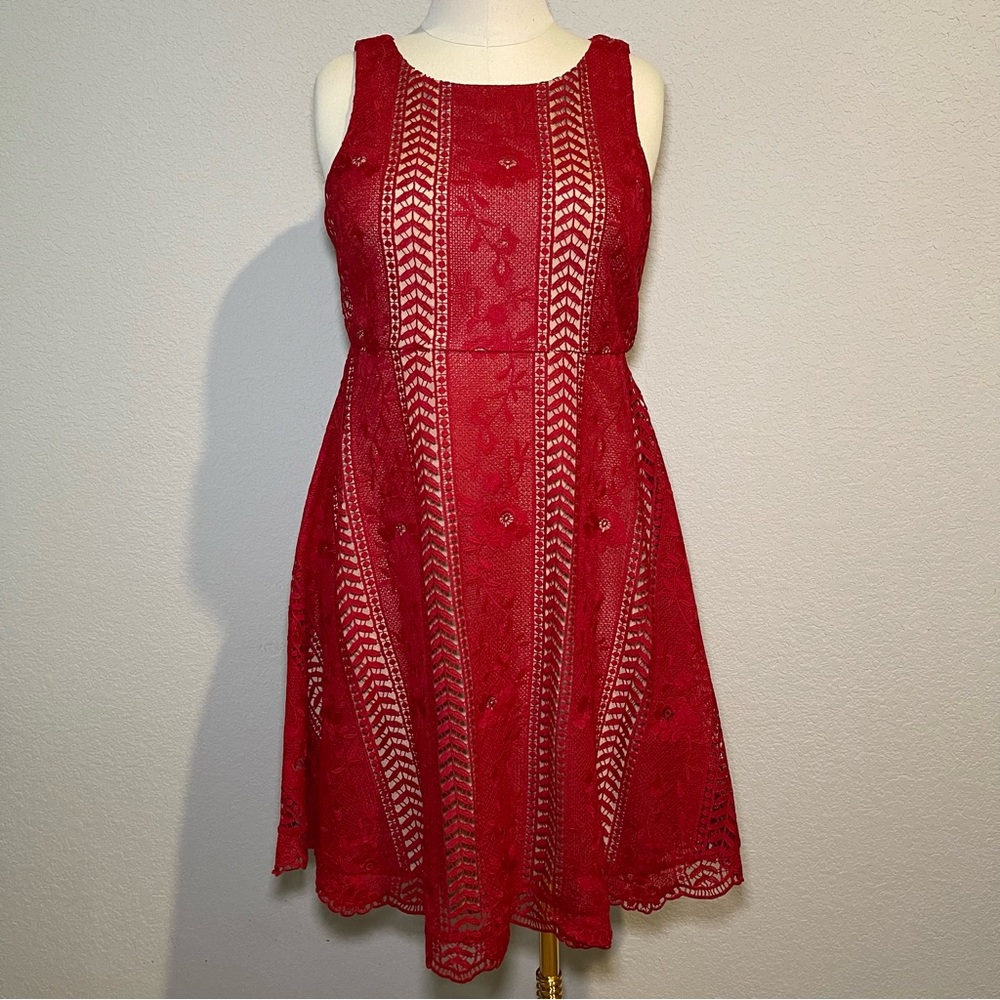 Anthropologie red lace sleeveless a-line cocktail dress